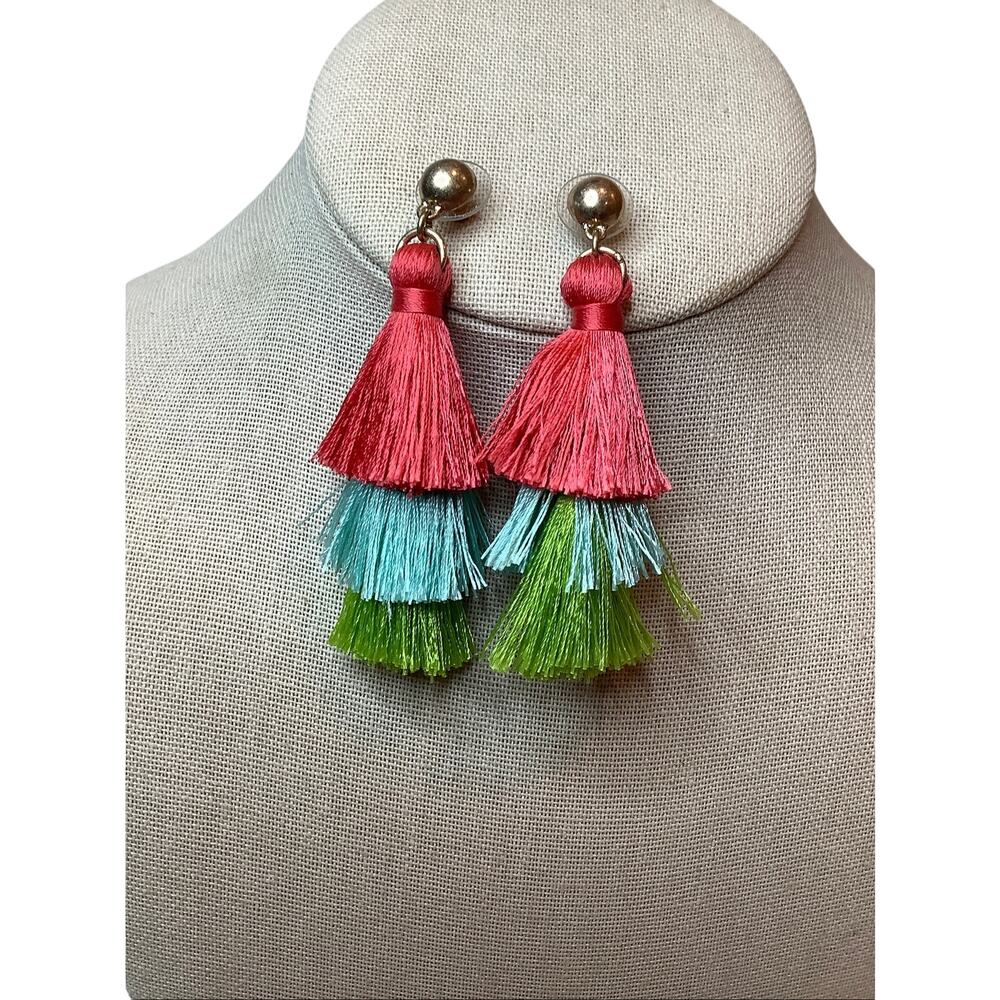 J.Crew Pink Teal Green Tiered Tassel Statement Dangle Earrings Bohemian A7-12